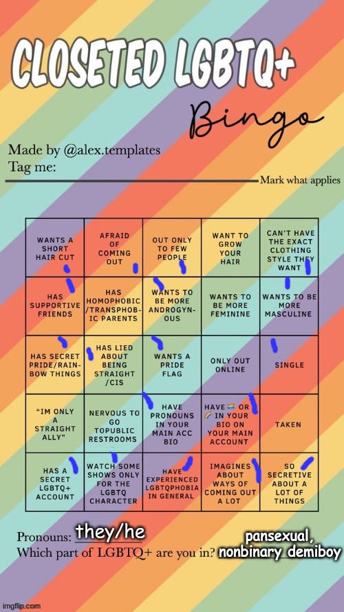 Closeted LGBTQ+ Bingo | they/he; pansexual, nonbinary demiboy | image tagged in closeted lgbtq bingo | made w/ Imgflip meme maker