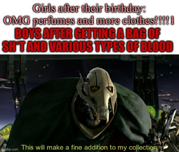 Image Title | Girls after their birthday: OMG perfumes and more clothes!!!!1; BOYS AFTER GETTING A BAG OF SH*T AND VARIOUS TYPES OF BLOOD | image tagged in image tags | made w/ Imgflip meme maker