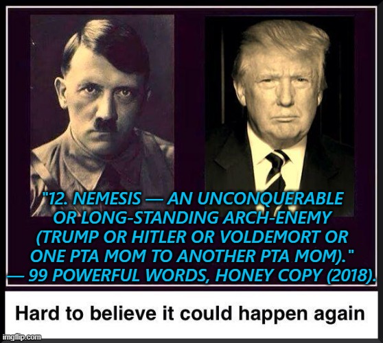 Nemesis — 99 Powerful Words. | "12. NEMESIS — AN UNCONQUERABLE OR LONG-STANDING ARCH-ENEMY (TRUMP OR HITLER OR VOLDEMORT OR ONE PTA MOM TO ANOTHER PTA MOM)." — 99 POWERFUL WORDS, HONEY COPY (2018). | image tagged in donald trump and hitler | made w/ Imgflip meme maker