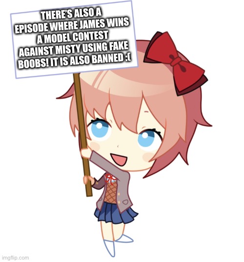 chibi sayori says | THERE’S ALSO A EPISODE WHERE JAMES WINS A MODEL CONTEST AGAINST MISTY USING FAKE BOOBS! IT IS ALSO BANNED :( | image tagged in chibi sayori says | made w/ Imgflip meme maker