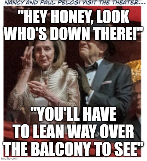 If Paul had any guts | "HEY HONEY, LOOK WHO'S DOWN THERE!"; "YOU'LL HAVE TO LEAN WAY OVER THE BALCONY TO SEE" | image tagged in nancy pelosi,paul pelosi | made w/ Imgflip meme maker