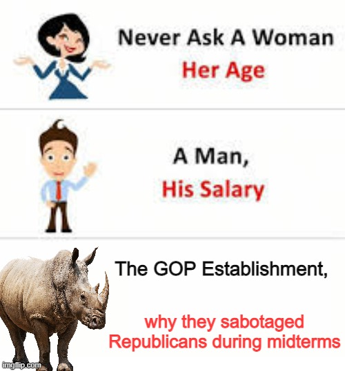 Never ask a woman her age | The GOP Establishment, why they sabotaged Republicans during midterms | image tagged in never ask a woman her age | made w/ Imgflip meme maker