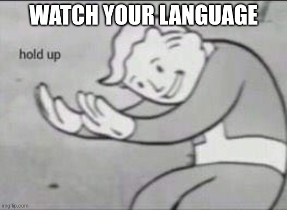 WATCH YOUR LANGUAGE | image tagged in fallout hold up | made w/ Imgflip meme maker