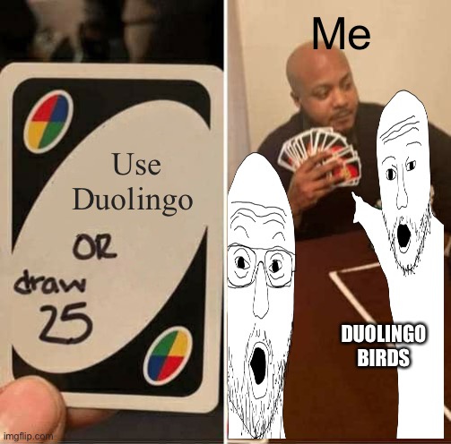 UNO Draw 25 Cards | Me; Use Duolingo; DUOLINGO BIRDS | image tagged in memes,uno draw 25 cards | made w/ Imgflip meme maker