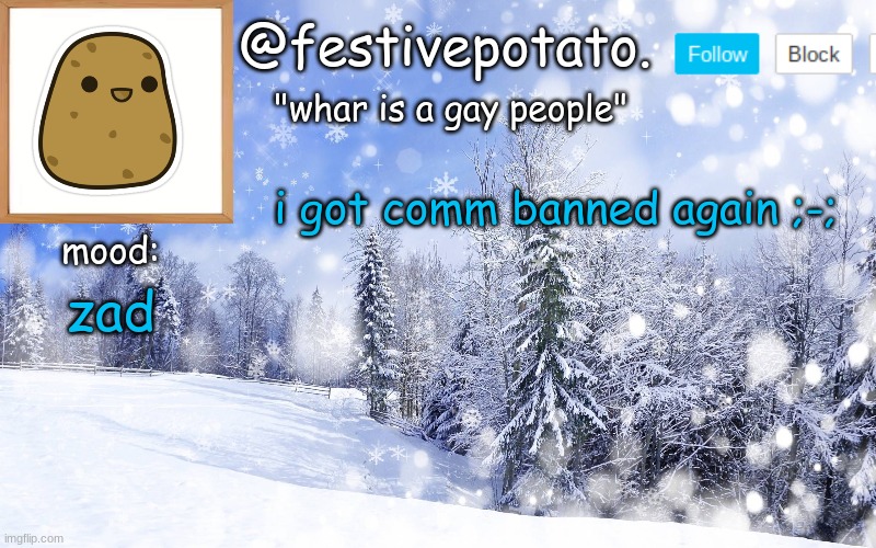 winter temp | i got comm banned again ;-;; zad | image tagged in winter temp | made w/ Imgflip meme maker