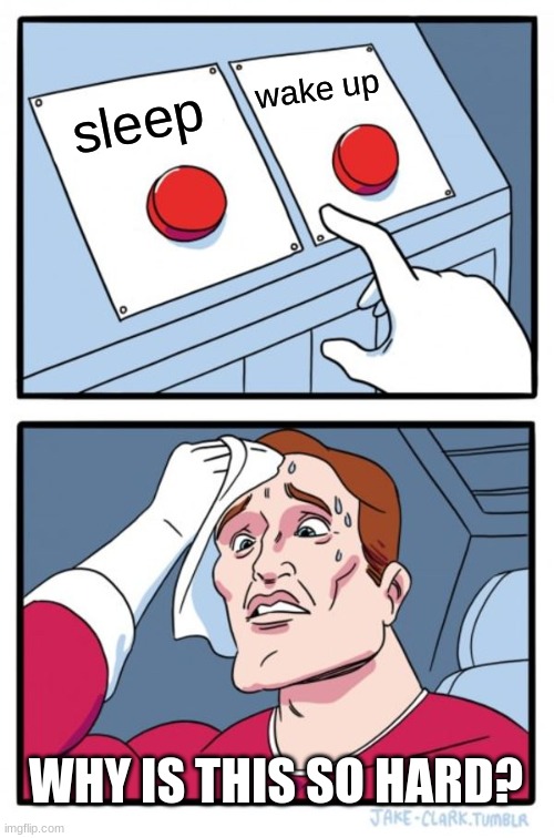 I am always at a decision when I am trying to wake up. | wake up; sleep; WHY IS THIS SO HARD? | image tagged in memes,two buttons | made w/ Imgflip meme maker