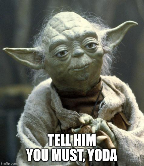 yoda | TELL HIM YOU MUST, YODA | image tagged in yoda | made w/ Imgflip meme maker