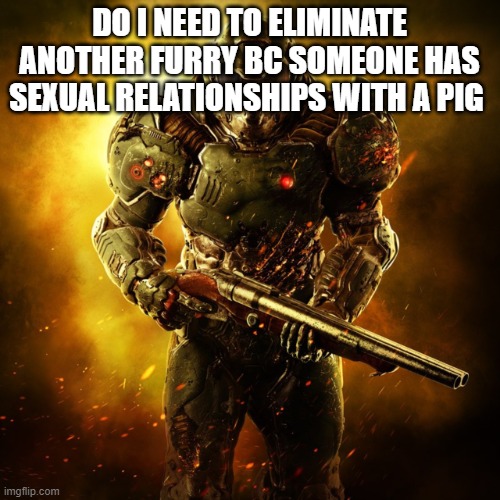 Doom Guy | DO I NEED TO ELIMINATE ANOTHER FURRY BC SOMEONE HAS SEXUAL RELATIONSHIPS WITH A PIG | image tagged in doom guy | made w/ Imgflip meme maker