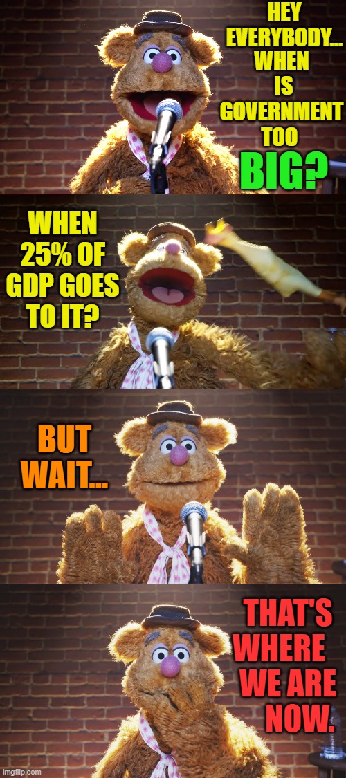 And For Your Enjoyment Tonight | HEY EVERYBODY... WHEN  IS GOVERNMENT TOO; BIG? WHEN 25% OF GDP GOES TO IT? BUT WAIT... THAT'S WHERE    WE ARE     NOW. | image tagged in memes,politics,entertainment,big government,too big,almost there | made w/ Imgflip meme maker