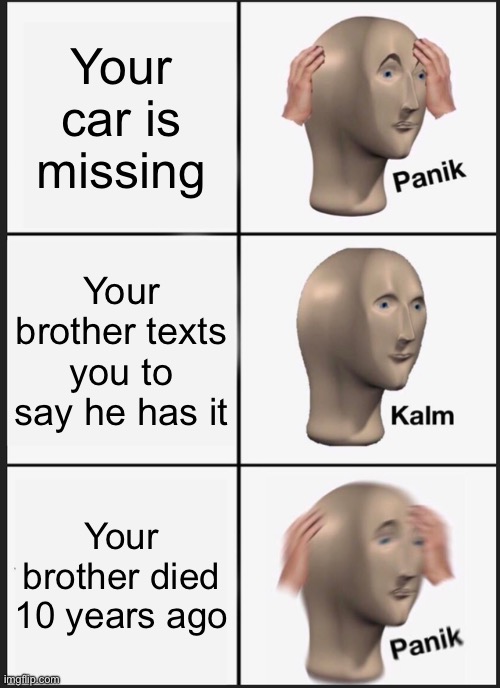 Bro Brrrrrr | Your car is missing; Your brother texts you to say he has it; Your brother died 10 years ago | image tagged in memes,panik kalm panik,brother,died,text messages | made w/ Imgflip meme maker