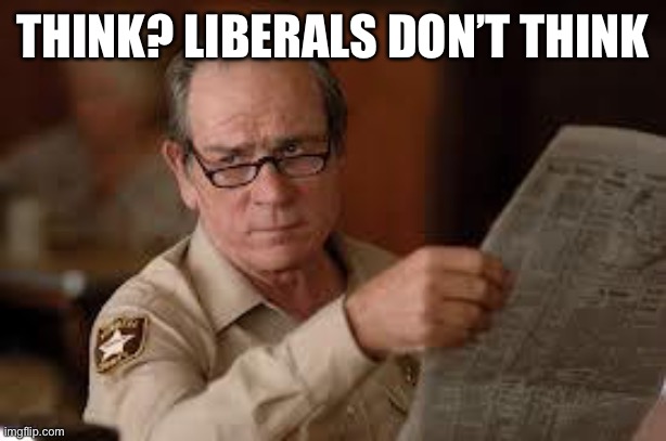 no country for old men tommy lee jones | THINK? LIBERALS DON’T THINK | image tagged in no country for old men tommy lee jones | made w/ Imgflip meme maker