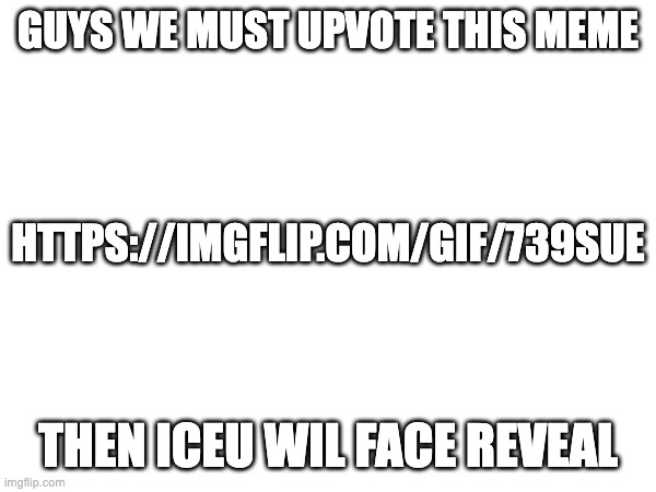 face reaveal | GUYS WE MUST UPVOTE THIS MEME; HTTPS://IMGFLIP.COM/GIF/739SUE; THEN ICEU WIL FACE REVEAL | image tagged in iceu,face reveal | made w/ Imgflip meme maker