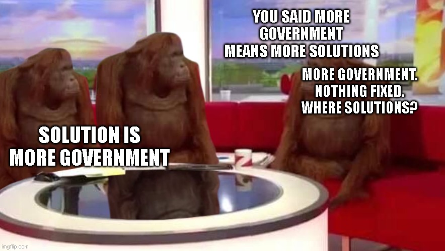 where monkey | YOU SAID MORE GOVERNMENT MEANS MORE SOLUTIONS; MORE GOVERNMENT. NOTHING FIXED. WHERE SOLUTIONS? SOLUTION IS MORE GOVERNMENT | image tagged in where monkey | made w/ Imgflip meme maker