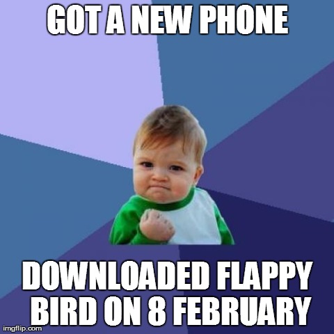 Success Kid | GOT A NEW PHONE DOWNLOADED FLAPPY BIRD ON 8 FEBRUARY | image tagged in memes,success kid | made w/ Imgflip meme maker