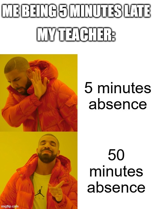 yes | ME BEING 5 MINUTES LATE; MY TEACHER:; 5 minutes absence; 50 minutes absence | image tagged in memes,drake hotline bling | made w/ Imgflip meme maker