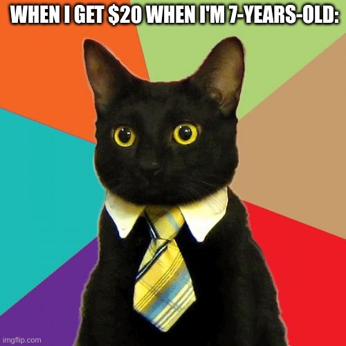 Business Cat | WHEN I GET $20 WHEN I'M 7-YEARS-OLD: | image tagged in memes,business cat | made w/ Imgflip meme maker