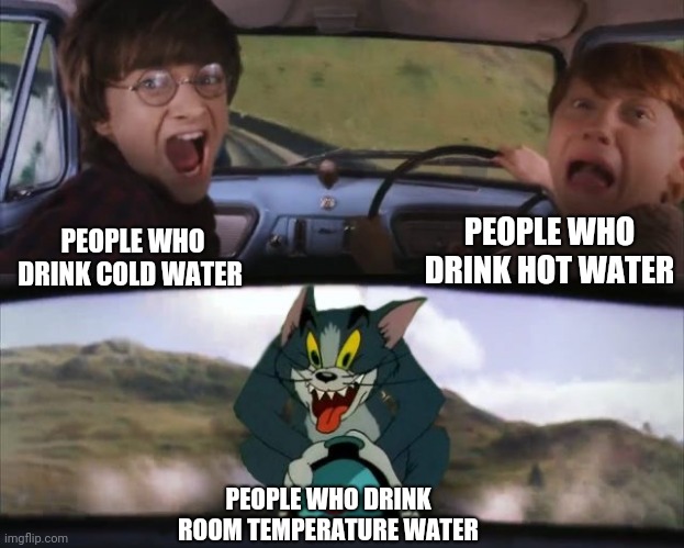 Tom chasing Harry and Ron Weasly | PEOPLE WHO DRINK HOT WATER; PEOPLE WHO DRINK COLD WATER; PEOPLE WHO DRINK ROOM TEMPERATURE WATER | image tagged in tom chasing harry and ron weasly,water | made w/ Imgflip meme maker
