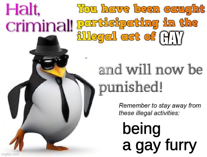 halt criminal! | GAY being a gay furry | image tagged in halt criminal | made w/ Imgflip meme maker