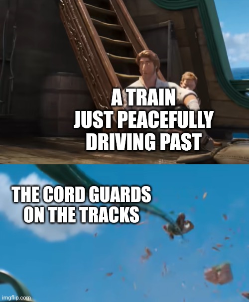 Jacob Holland gets yeeted | A TRAIN JUST PEACEFULLY DRIVING PAST THE CORD GUARDS ON THE TRACKS | image tagged in jacob holland gets yeeted | made w/ Imgflip meme maker