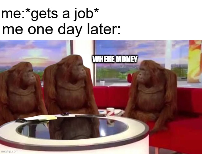 free epic Balikutsa |  me:*gets a job*; me one day later:; WHERE MONEY | image tagged in where monkey | made w/ Imgflip meme maker