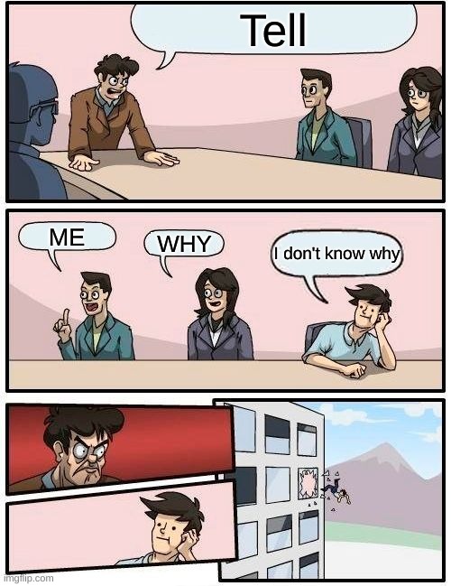 TELL ME WHY | Tell; ME; WHY; I don't know why | image tagged in memes,boardroom meeting suggestion | made w/ Imgflip meme maker