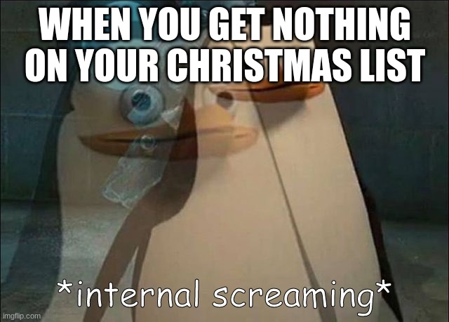 or you get sh***y clothes from your grandma in law twice removed | WHEN YOU GET NOTHING ON YOUR CHRISTMAS LIST | image tagged in private internal screaming | made w/ Imgflip meme maker