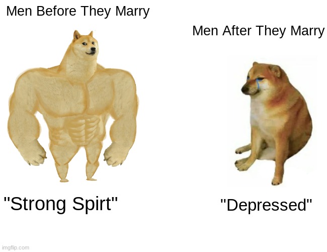 Buff Doge vs. Cheems Meme | Men Before They Marry; Men After They Marry; "Depressed"; "Strong Spirt" | image tagged in memes,buff doge vs cheems | made w/ Imgflip meme maker