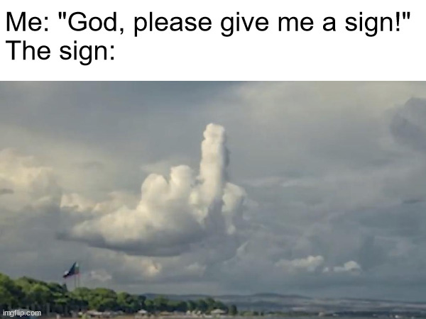 based on a true story | Me: "God, please give me a sign!"
The sign: | image tagged in memes,god | made w/ Imgflip meme maker