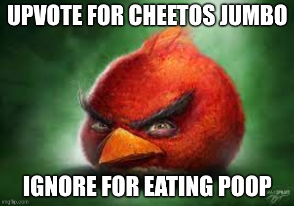 Plz upvote | UPVOTE FOR CHEETOS JUMBO; IGNORE FOR EATING POOP | image tagged in realistic red angry birds | made w/ Imgflip meme maker