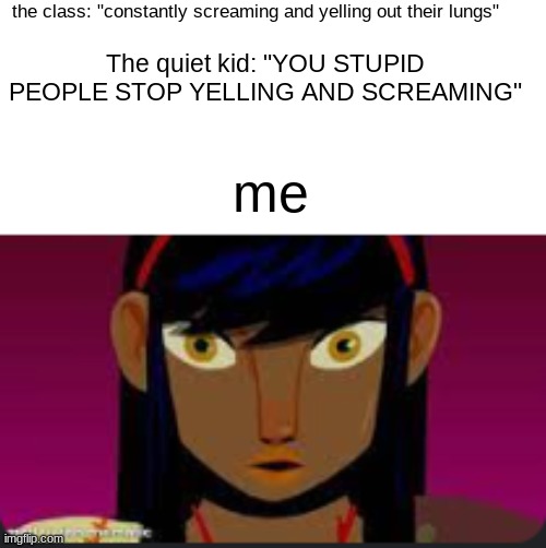 lol | the class: "constantly screaming and yelling out their lungs"; The quiet kid: "YOU STUPID PEOPLE STOP YELLING AND SCREAMING"; me | image tagged in shocked | made w/ Imgflip meme maker