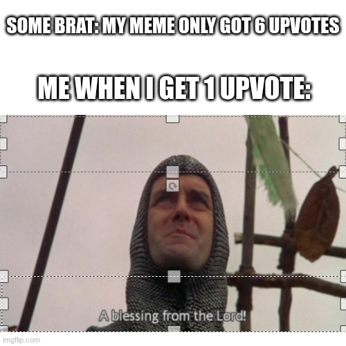 I will be surprised if this gets a view | SOME BRAT: MY MEME ONLY GOT 6 UPVOTES; ME WHEN I GET 1 UPVOTE: | image tagged in a blessing from the lord,memes,imgflip | made w/ Imgflip meme maker
