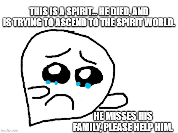 please help him | THIS IS A SPIRIT... HE DIED, AND IS TRYING TO ASCEND TO THE SPIRIT WORLD. HE MISSES HIS FAMILY, PLEASE HELP HIM. | image tagged in sad | made w/ Imgflip meme maker