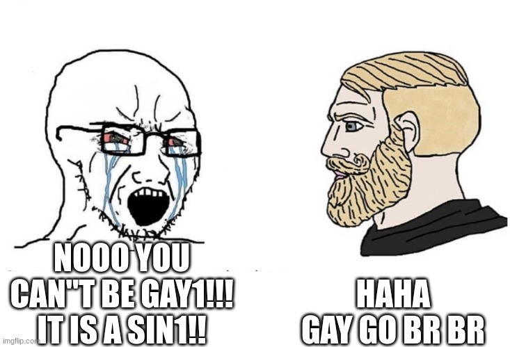 Gay go br br | HAHA GAY GO BR BR; NOOO YOU CAN"T BE GAY1!!! IT IS A SIN1!! | image tagged in soyboy vs yes chad | made w/ Imgflip meme maker