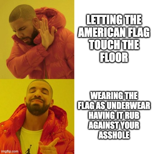 The American flag paradox | LETTING THE
AMERICAN FLAG
TOUCH THE
FLOOR; WEARING THE
FLAG AS UNDERWEAR
HAVING IT RUB
AGAINST YOUR
ASSHOLE | image tagged in drake blank,america,american flag | made w/ Imgflip meme maker