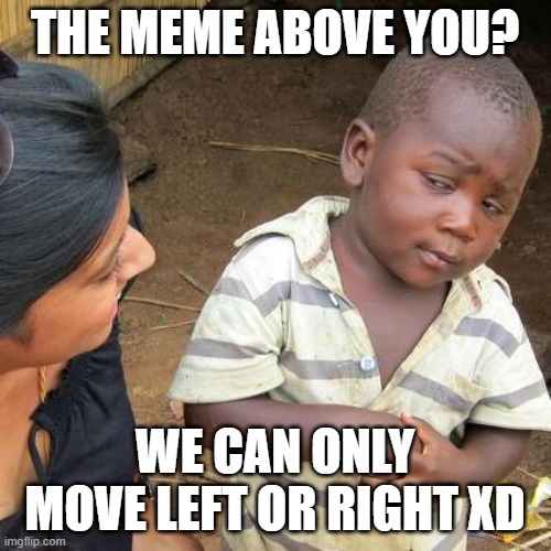 Third World Skeptical Kid Meme | THE MEME ABOVE YOU? WE CAN ONLY MOVE LEFT OR RIGHT XD | image tagged in memes,third world skeptical kid | made w/ Imgflip meme maker