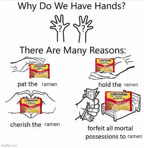 How I feel about Maru-Chan beef ramen noodles | ramen; ramen; ramen; ramen | image tagged in why do we have hands all blank,beef ramen | made w/ Imgflip meme maker