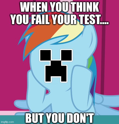 YESSSSSSS | WHEN YOU THINK YOU FAIL YOUR TEST.... BUT YOU DON'T | image tagged in minecraft,my little pony | made w/ Imgflip meme maker