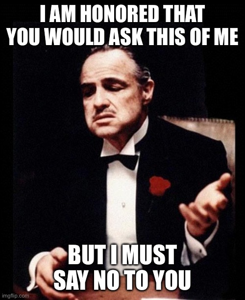 I must say no | I AM HONORED THAT YOU WOULD ASK THIS OF ME; BUT I MUST SAY NO TO YOU | image tagged in godfather | made w/ Imgflip meme maker