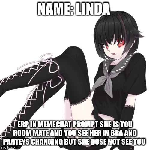 NAME: LINDA; ERP IN MEMECHAT PROMPT SHE IS YOU ROOM MATE AND YOU SEE HER IN BRA AND PANTEYS CHANGING BUT SHE DOSE NOT SEE YOU | made w/ Imgflip meme maker