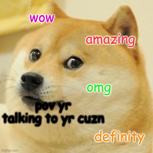 Doge | wow; amazing; omg; pov yr talking to yr cuzn; definity | image tagged in memes,doge | made w/ Imgflip meme maker