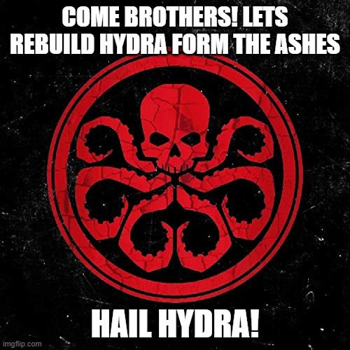 Hail Hydra | COME BROTHERS! LETS REBUILD HYDRA FORM THE ASHES; HAIL HYDRA! | image tagged in hail hydra | made w/ Imgflip meme maker