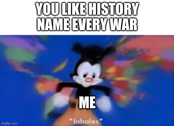 Yakko inhale | YOU LIKE HISTORY
NAME EVERY WAR; ME | image tagged in yakko inhale | made w/ Imgflip meme maker