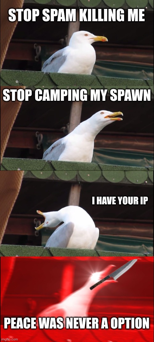 cod in a nutshell | STOP SPAM KILLING ME; STOP CAMPING MY SPAWN; I HAVE YOUR IP; PEACE WAS NEVER A OPTION | image tagged in memes,inhaling seagull | made w/ Imgflip meme maker