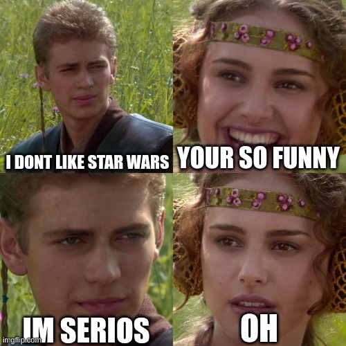 Anakin Padme 4 Panel | I DONT LIKE STAR WARS; YOUR SO FUNNY; OH; IM SERIOS | image tagged in anakin padme 4 panel | made w/ Imgflip meme maker