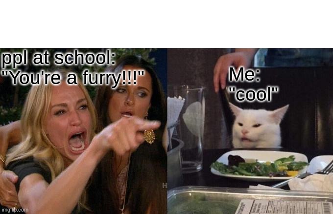 why they bully me- | ppl at school:
"You're a furry!!!"; Me:
"cool" | image tagged in memes,woman yelling at cat | made w/ Imgflip meme maker