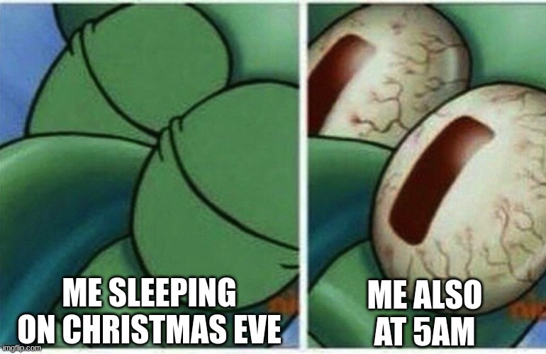 Squidward | ME SLEEPING ON CHRISTMAS EVE; ME ALSO AT 5AM | image tagged in squidward | made w/ Imgflip meme maker