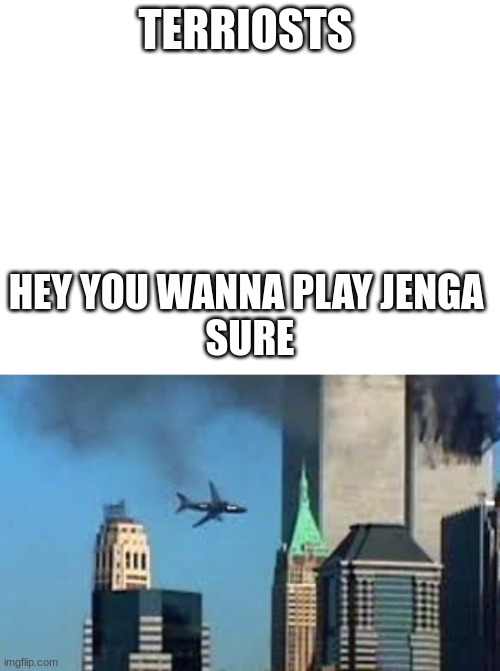 TERRIOSTS; HEY YOU WANNA PLAY JENGA 
SURE | image tagged in 9/11 plane crash | made w/ Imgflip meme maker