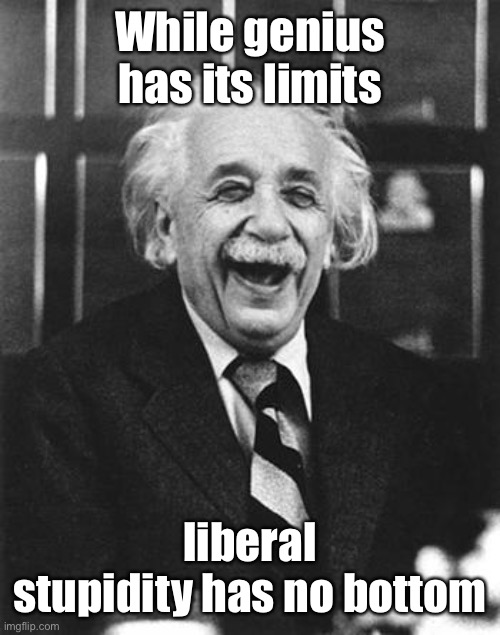 Einstein laugh | While genius has its limits liberal stupidity has no bottom | image tagged in einstein laugh | made w/ Imgflip meme maker