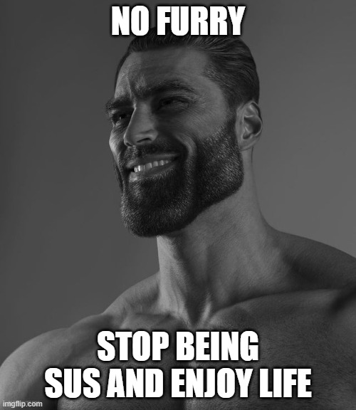 GIGACHAD | NO FURRY; STOP BEING SUS AND ENJOY LIFE | image tagged in giga chad | made w/ Imgflip meme maker
