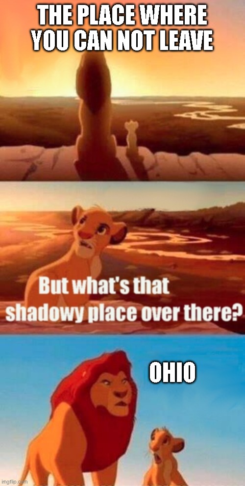 Simba Shadowy Place | THE PLACE WHERE YOU CAN NOT LEAVE; OHIO | image tagged in memes,simba shadowy place | made w/ Imgflip meme maker